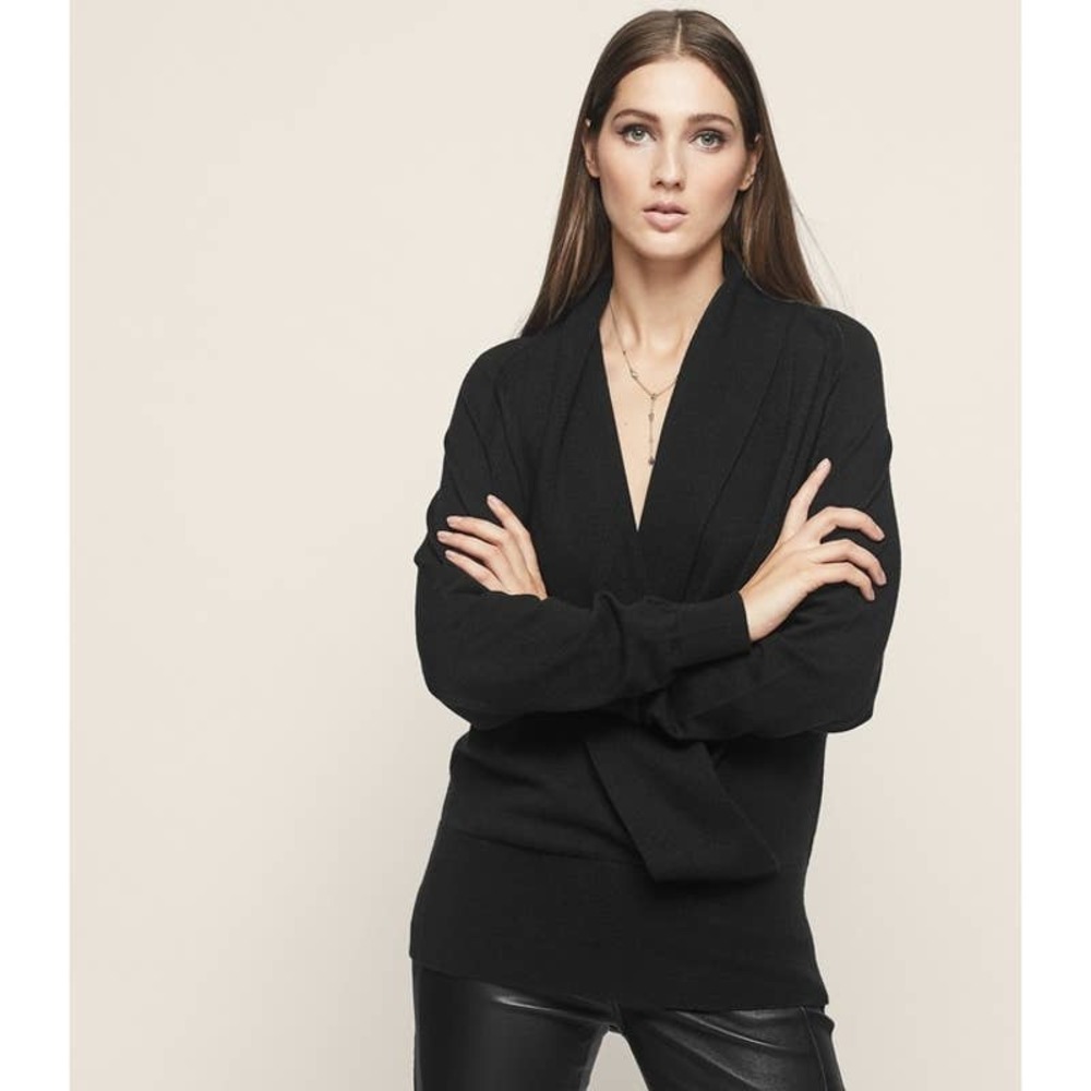 REISS Blanche Wrap Neck Jumper Draped Surplice Wrap Sweater, Black